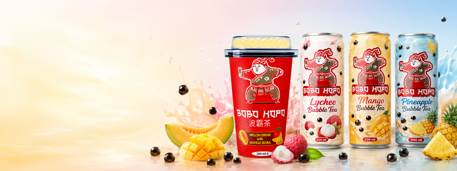 Bobohopo bubble tea cup and lychee, mango, and pineapple bubble tea cans with fresh fruit and tapioca pearls.