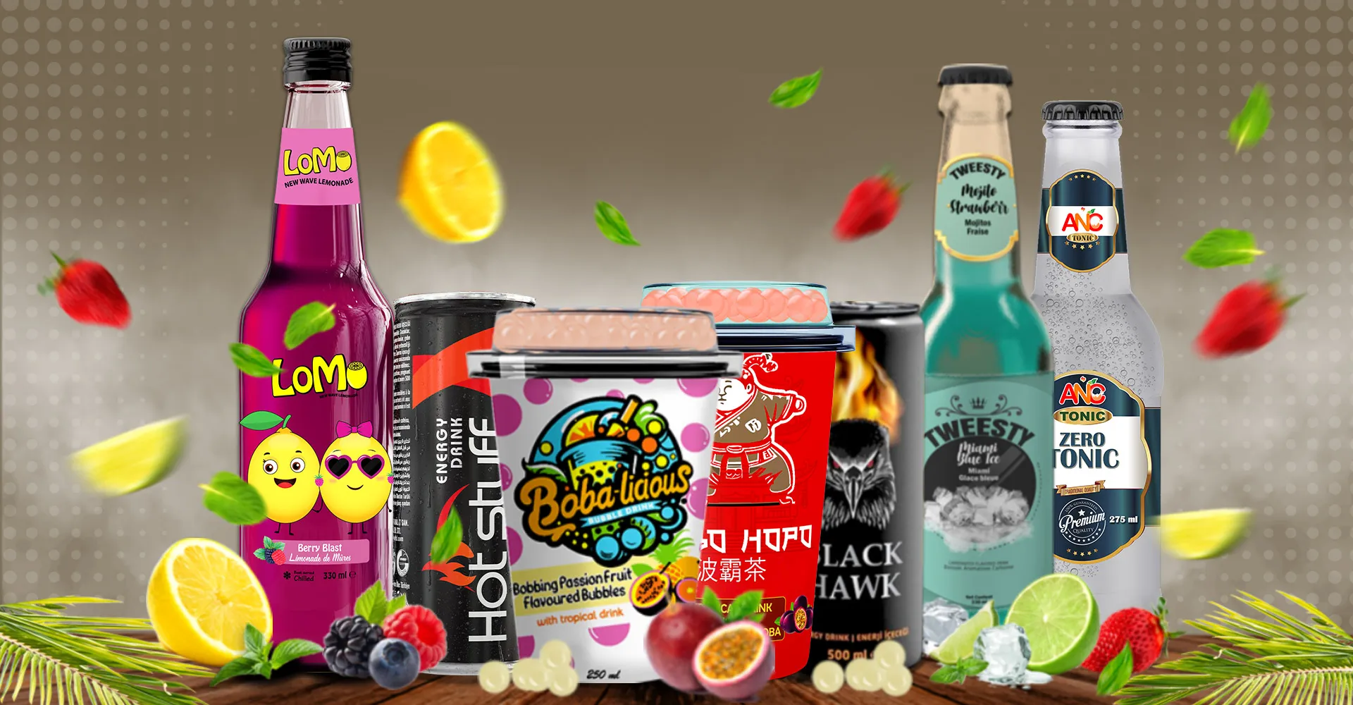 Assorted beverages including LOMO, Bobalicious, Bobo Hopo, Hot Stuff, Tweesty, and ANC Zero Tonic with fruits and ice.
