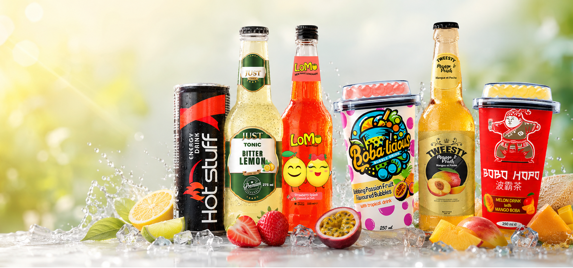 Refreshing beverage brand lineup with cans, bottles, and bubble tea cups displayed on ice with fresh fruits and splash effects.