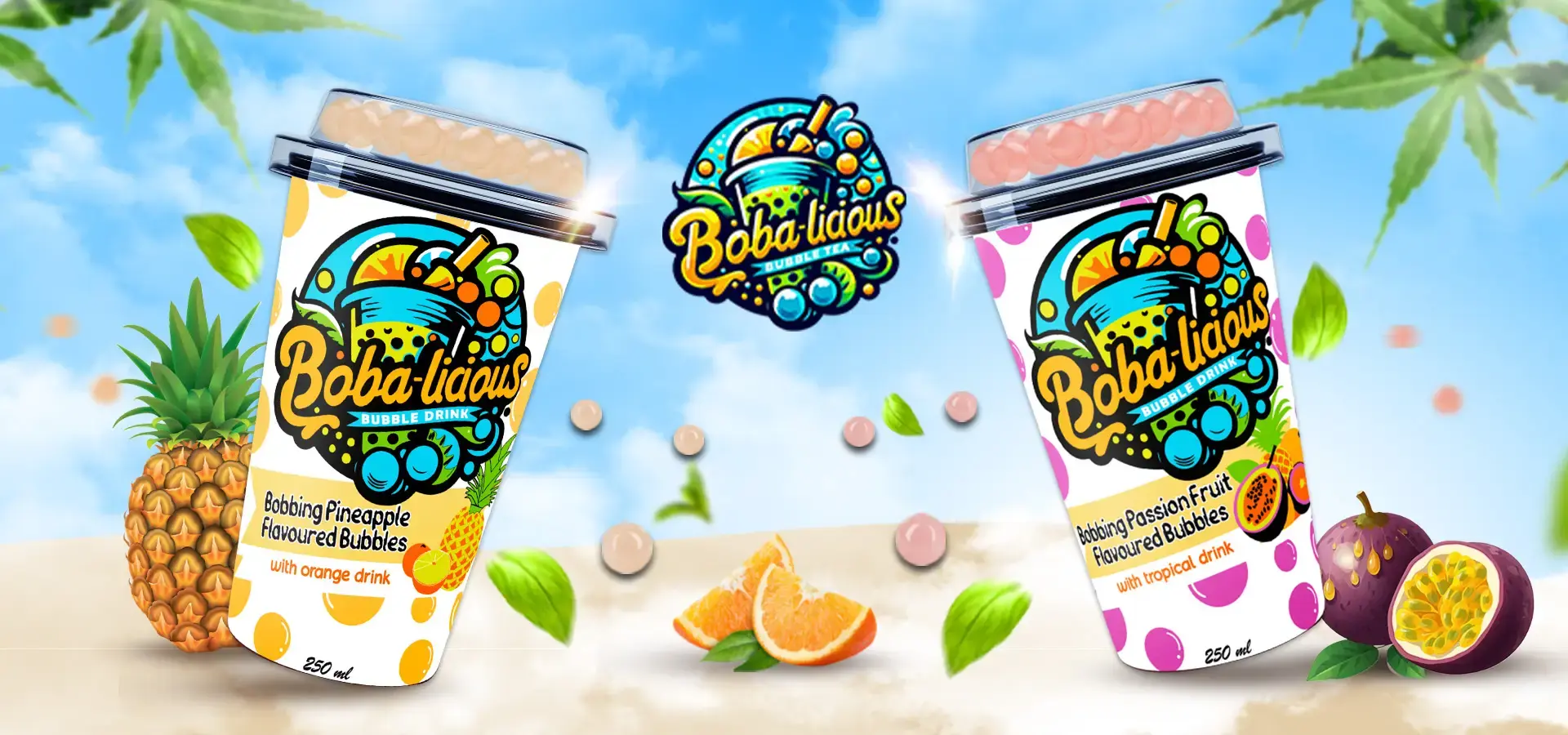Bobalicious bubble drinks in pineapple and passion fruit flavors, displayed with vibrant fruits and colorful packaging.