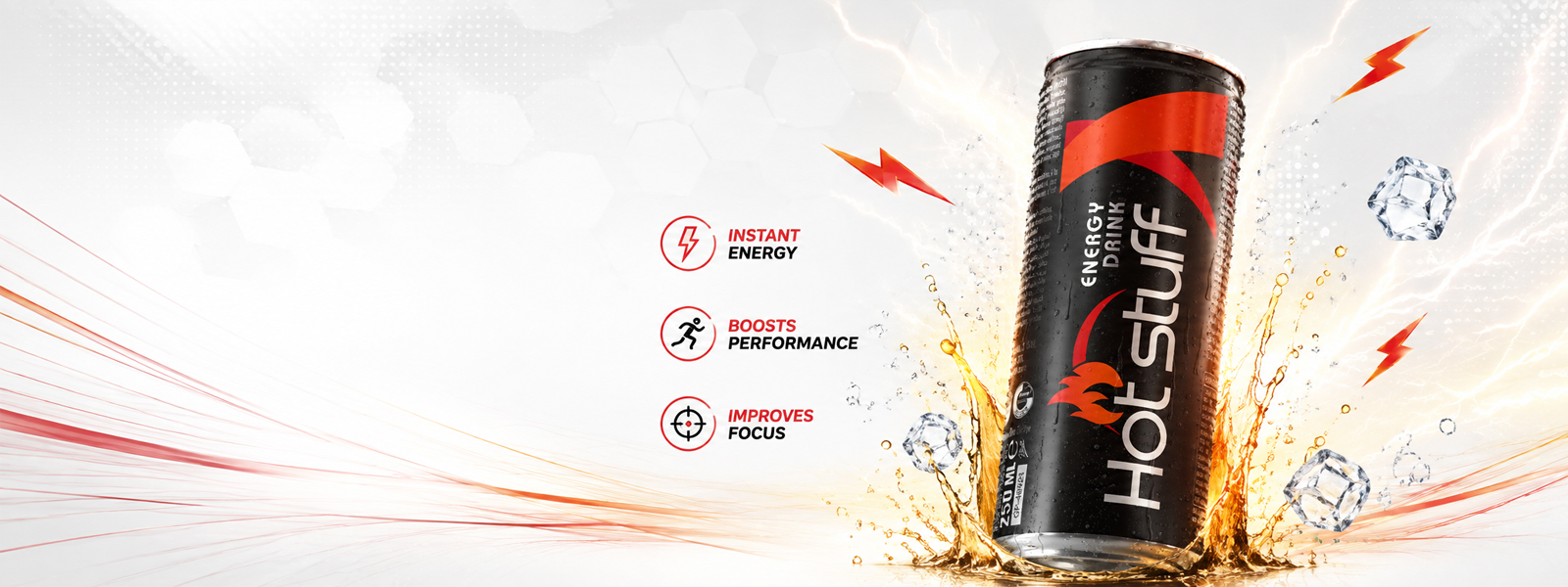 Hot Stuff Energy Drink black and red cans with water droplets on a bright white background.