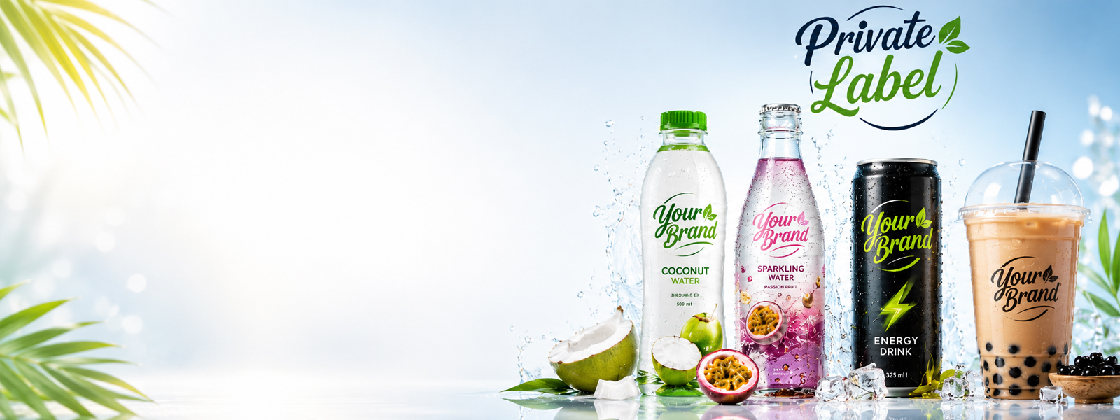 Private label beverage range featuring coconut water, sparkling water, energy drink and bubble tea in custom-branded packaging.