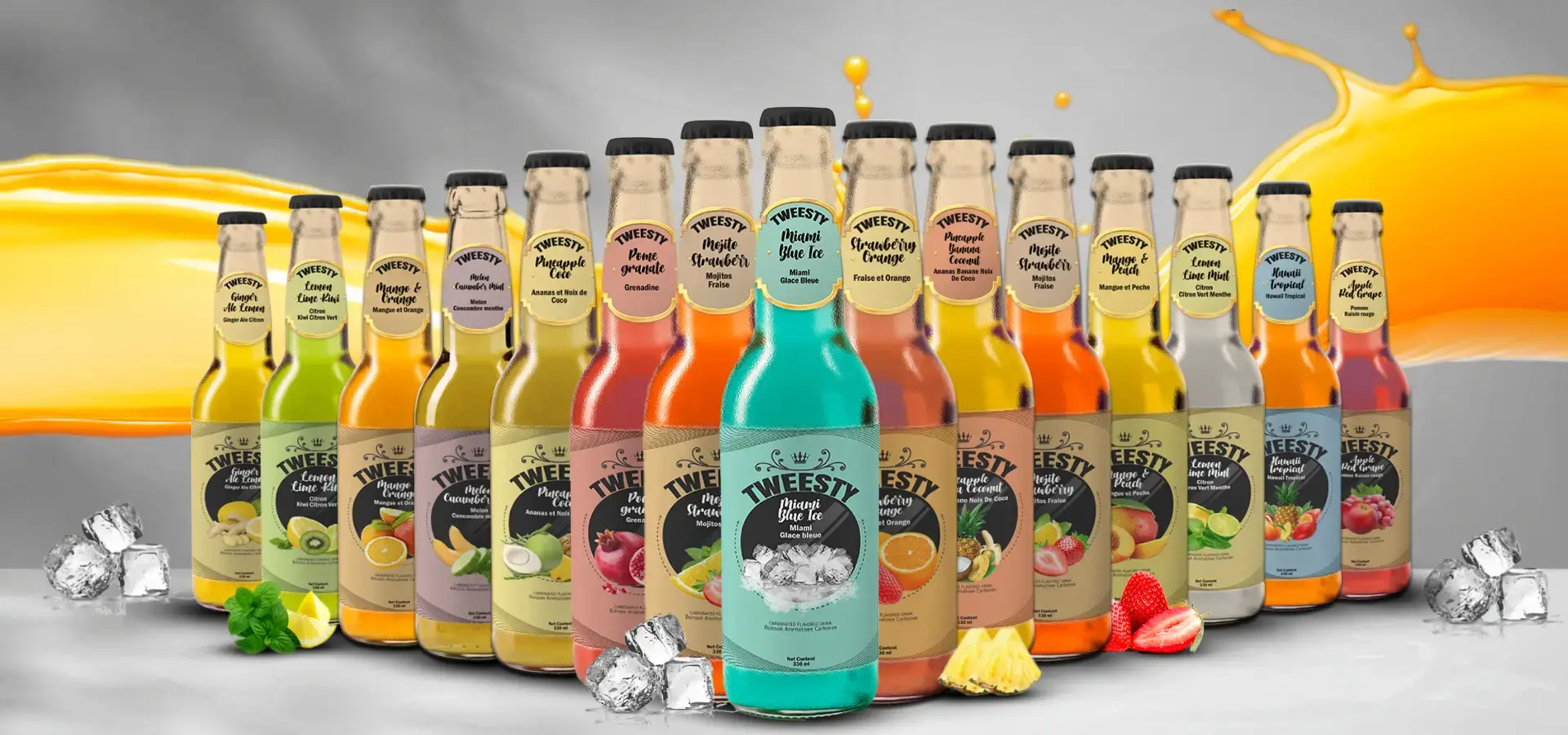 A vibrant display of assorted tweesty flavoured juices lined up on a smooth floor with ice cubes and the slices of fruits, set against a bright, splashing background.