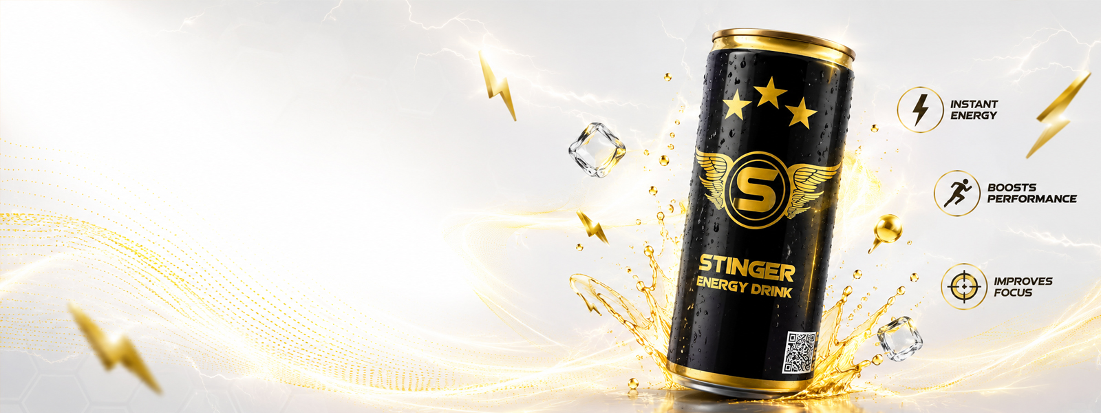 Stinger Energy Drink black and gold cans with dynamic golden light trails on a white background.