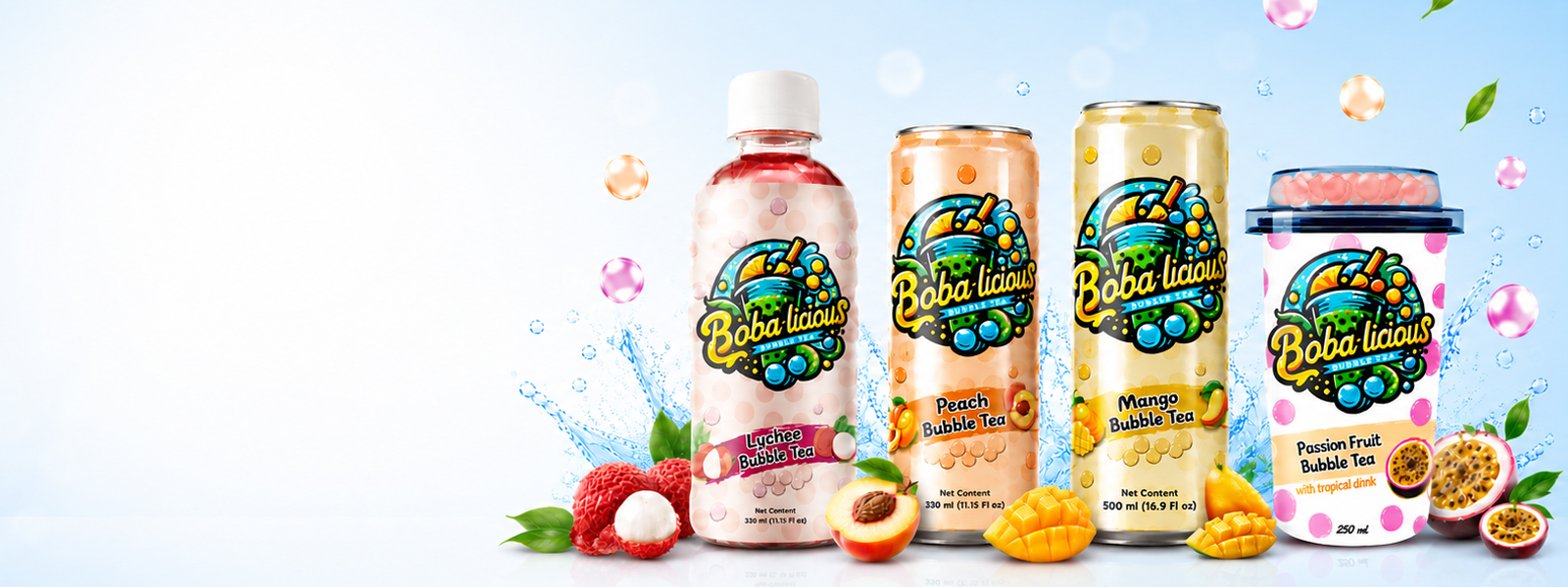 Four colorful Boba Licious bubble tea drinks with fresh fruit splashes against a bright blue sky and water backdrop.
