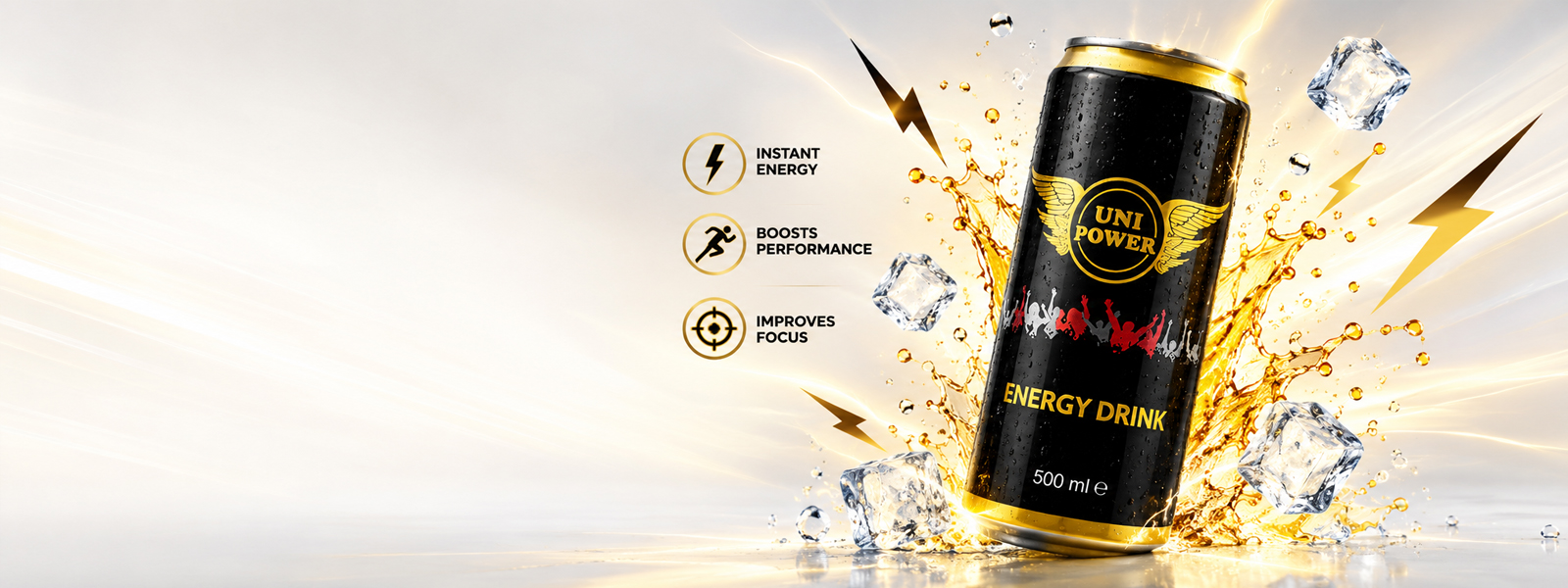 Uni Power Energy Drink 500ml black and gold cans with glowing light effects on a white background.