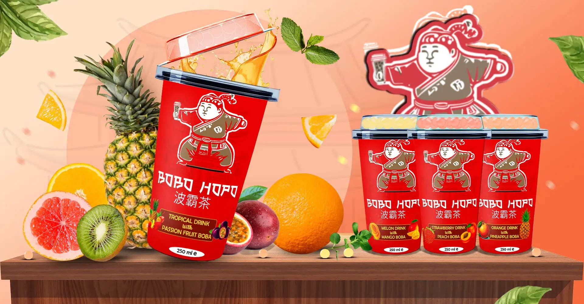 Bobo Hopo tropical fruit boba drinks displayed with fresh fruits and vibrant red packaging.