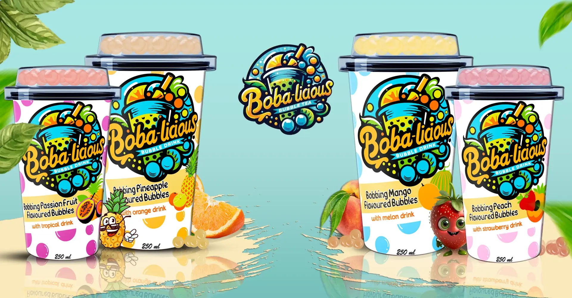 Refreshing BobaLicious fruit-flavored bubble drinks showcased against a sunny beach backdrop.