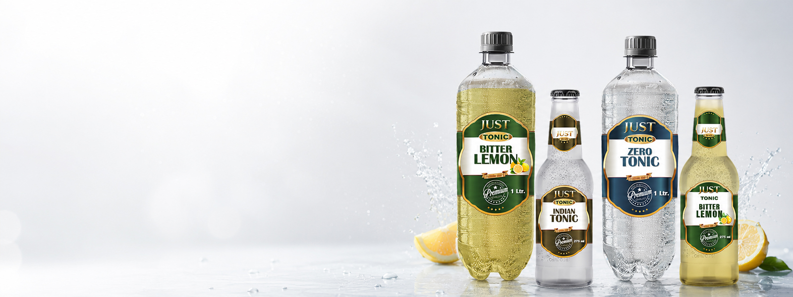 JUST Tonic Bitter Lemon, Indian Tonic, and Zero Tonic drinks in 1L plastic bottles and 275ml glass bottles.