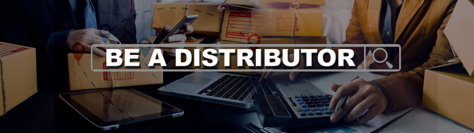 Be A Distributor banner featuring a business person managing distribution, surrounded by packaging and digital devices.