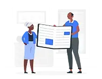 Two people reviewing a large document together in a casual, collaborative setting.