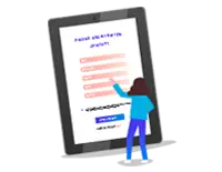 A person interacting with a large digital tablet displaying a multiple-choice questionnaire.