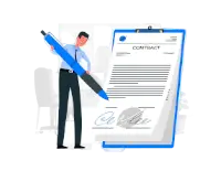 A man holding an oversized pen next to a clipboard with a signed contract, representing agreement or official documentation.