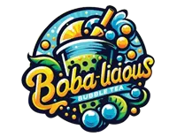Colorful and dynamic BobaLicious bubble tea logo with vibrant blue and green hues.