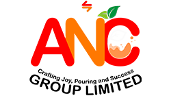 The dark-themed ANC Group Limited logo has vibrant orange letters, a smiley peach design, and the tagline 'Crafting Joy, Pouring Success'.