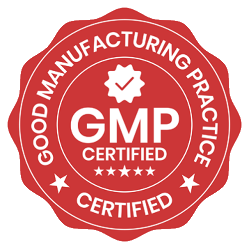The GMP certified seal is red with a check mark, ensuring good manufacturing practices.