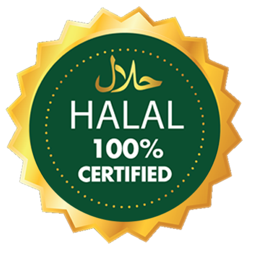Halal-certified seal in gold, confirming compliance with Halal standards.