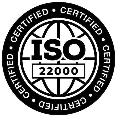 ISO 22000 certified seal, indicating high standards in food safety management.