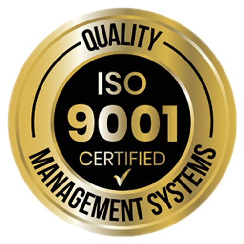 ISO 9001 certified logo representing quality management systems standard.