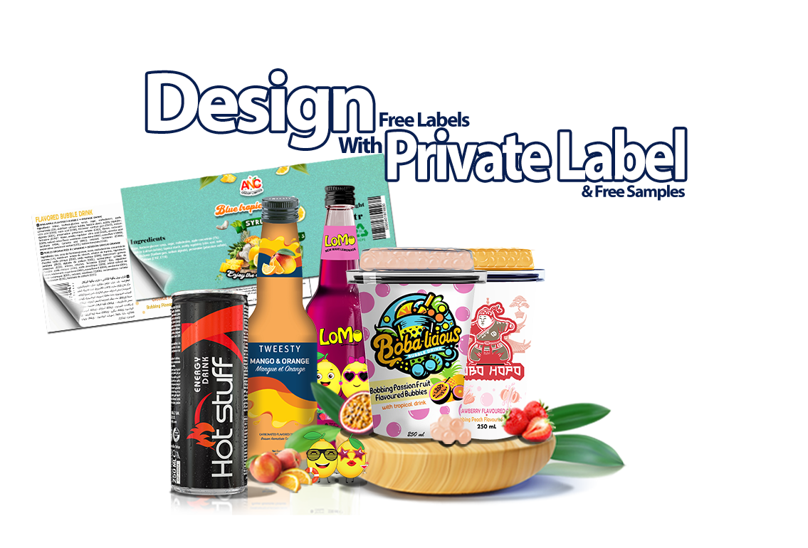 Creative private label design showcasing a variety of beverages, including Hot Stuff energy drink, Tweesty mango & orange juice, Lomo flavored drinks, and Bobalicious bubble tea, all packaged for unique branding.