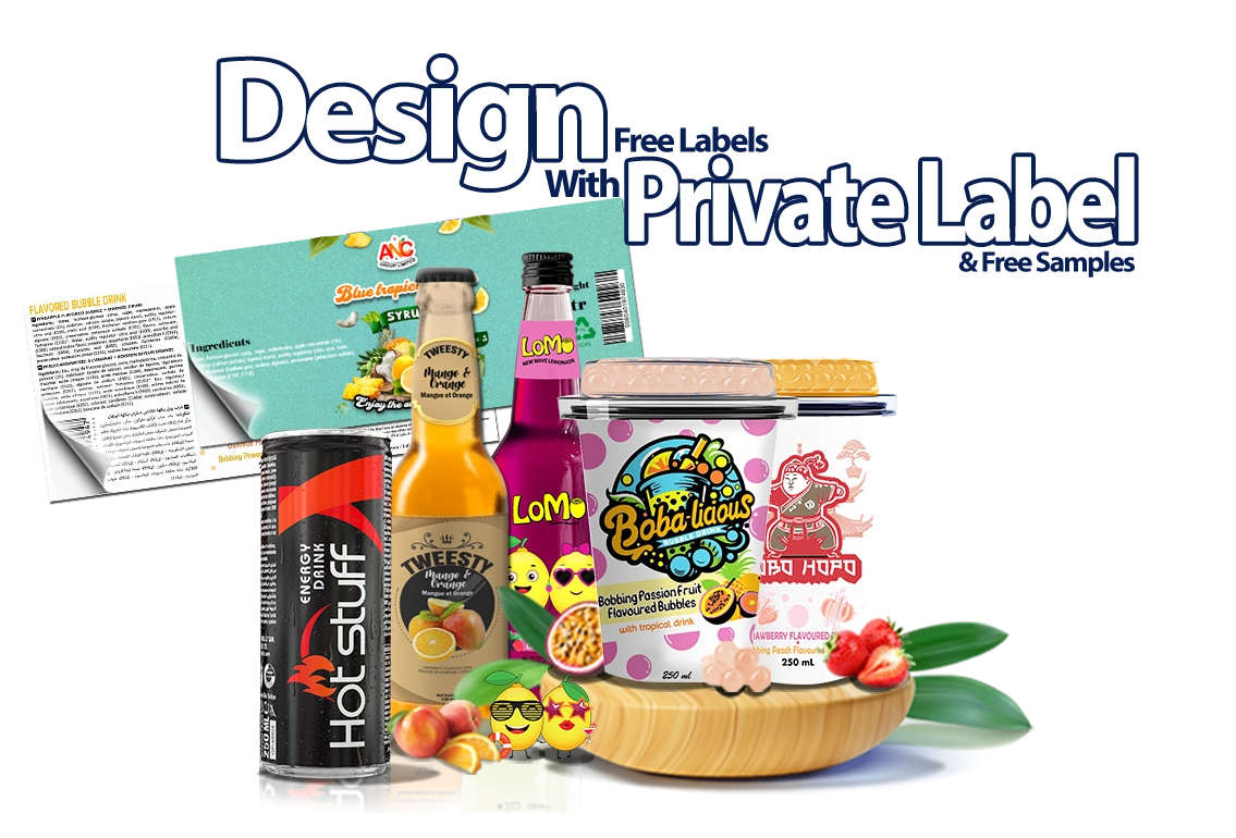 Creative private label design showcasing a variety of beverages, including Hot Stuff energy drink, Tweesty mango & orange juice, Lomo flavored drinks, and Bobalicious bubble tea, all packaged for unique branding.