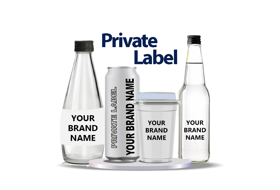 A collection of private label beverage containers, representing customization and brand identity opportunities.