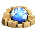 The globe is surrounded by boxes, symbolizing global distribution and international shipping services.
