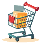 A shopping cart filled with boxes representing online shopping and retail services.