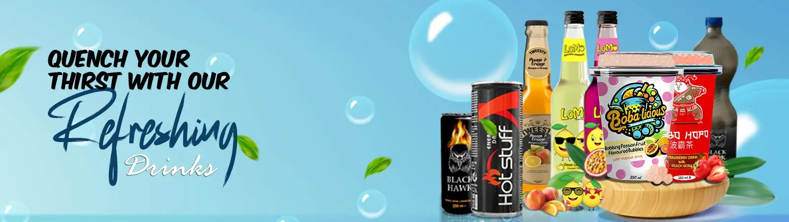 Assorted beverage brands including energy drinks, fruity mocktails, and popping.