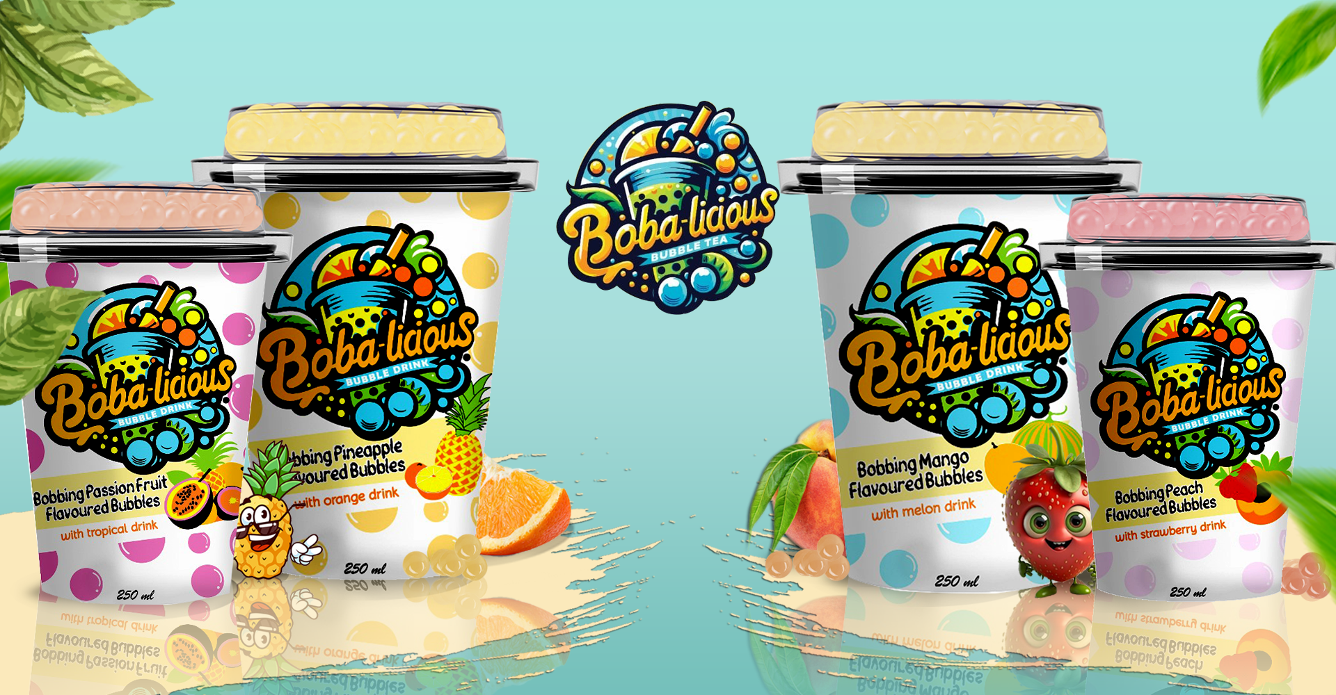 Refreshing BobaLicious fruit-flavored bubble drinks showcased against a sunny beach backdrop.
