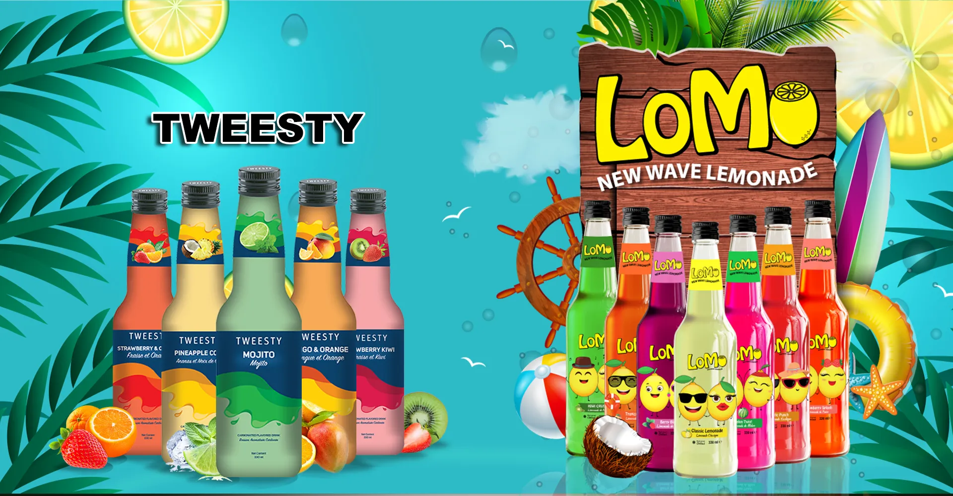 Colorful promotional banner for Tweesty and LOMO beverages, showcasing a variety of fruit-flavored drinks against a vibrant tropical backdrop.