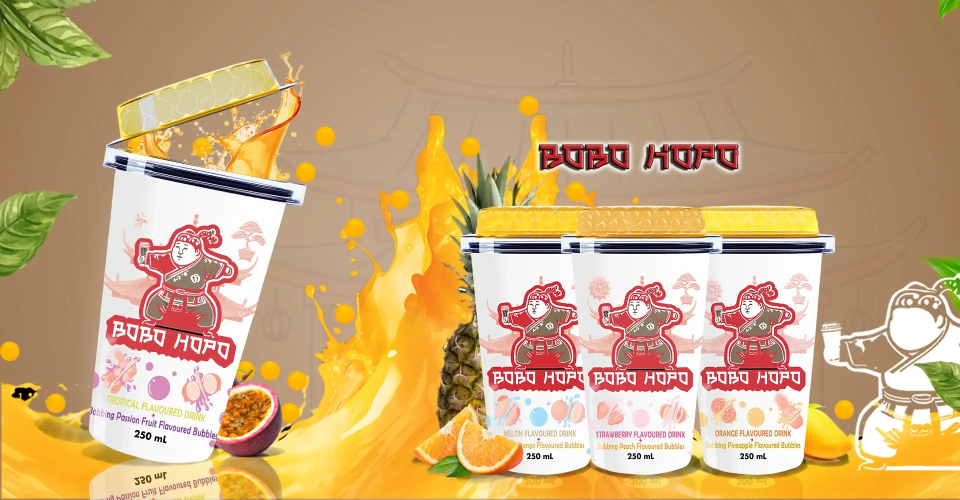 Dynamic advertisement for Bobo Hopo bubble drinks featuring animated characters and fruit splashes, emphasizing exotic flavors.