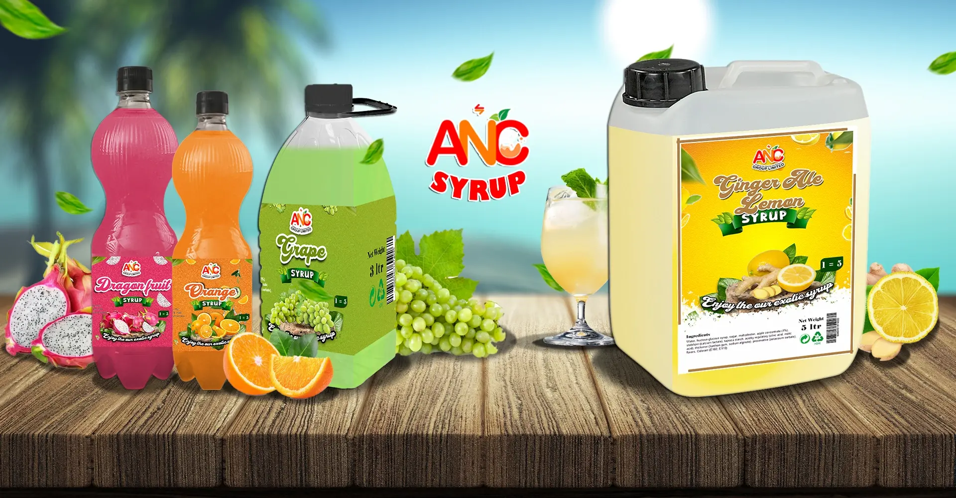 Assorted ANC syrups, including Dragon fruit, Orange, Grape, and Ginger Ale Lemon, for exotic and refreshing beverages.